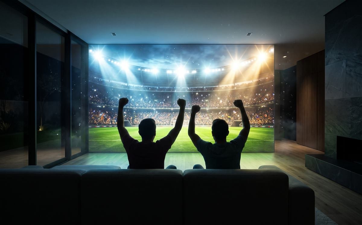 Fußball live auf einem großen Fernseher im Wohnzimmer